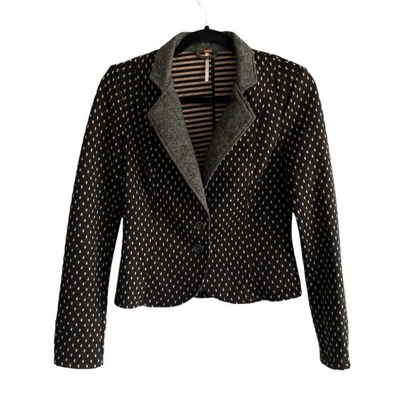 (SOLD) FREE PEOPLE Printed Cropped Blazer Black Camel S - Picture 3 of 16